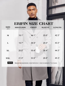 Ebifin Men's Notch Lapel Double Breasted Long Trench Coat Casual Cotton Blend Peacoat