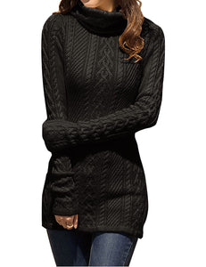 Women Polo Neck Long Slim Fitted Dress Bodycon Turtleneck Cable Knit Sweater