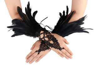 HOMELEX Women Black Lace Feather Gloves Witch Angel Costume Accessories Swan Wings Wrist Bands