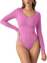 Load image into Gallery viewer, PINKMSTYLE Women&#39;s Sexy Scoop Neck Long Sleeve Bodysuits Thongs Ribbed Seamless Slim Fit Trendy Going Out Leotard Tops