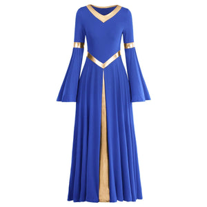 ODASDO Women Praise Dance Dresses Liturgical Worship Dancewear Golden Metallic Loose Fit Full Length Robe