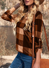 Load image into Gallery viewer, Womens Basic Casual V Neck Plaid Print Cotton Cuffed Long Sleeve Work Tops Blouses Shirts S-3XL