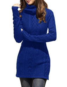 Women Polo Neck Long Slim Fitted Dress Bodycon Turtleneck Cable Knit Sweater