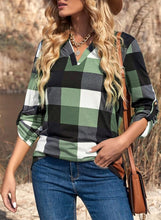 Load image into Gallery viewer, Womens Basic Casual V Neck Plaid Print Cotton Cuffed Long Sleeve Work Tops Blouses Shirts S-3XL