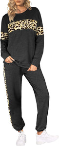 Leopard Sweatsuits Women 2 Piece Sets Crew neck Long Sleeve Tops Pants, Tracksuit with Pockets