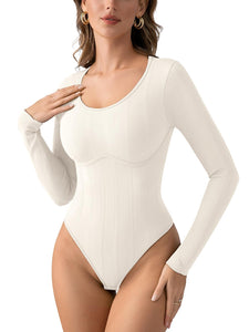 PINKMSTYLE Women's Sexy Scoop Neck Long Sleeve Bodysuits Thongs Ribbed Seamless Slim Fit Trendy Going Out Leotard Tops