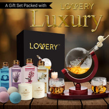 Load image into Gallery viewer, Valentines Day Gifts For Him, Whiskey-Wine Globe Decanter + Spa Gift Set, 20Pcs - 2 Etched Globe Glasses, 4 Bath Bombs, 4 Scented Reed Oil Bottles, Reed Stick, 2 Spa Candles, Pure Aromatherapy Gifts