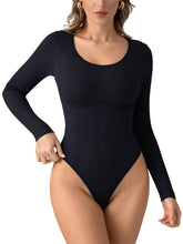 Load image into Gallery viewer, PINKMSTYLE Women&#39;s Sexy Scoop Neck Long Sleeve Bodysuits Thongs Ribbed Seamless Slim Fit Trendy Going Out Leotard Tops