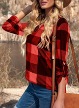 Load image into Gallery viewer, Womens Basic Casual V Neck Plaid Print Cotton Cuffed Long Sleeve Work Tops Blouses Shirts S-3XL