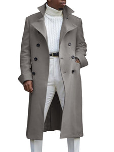 Ebifin Men's Notch Lapel Double Breasted Long Trench Coat Casual Cotton Blend Peacoat