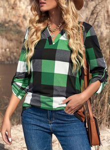 Womens Basic Casual V Neck Plaid Print Cotton Cuffed Long Sleeve Work Tops Blouses Shirts S-3XL