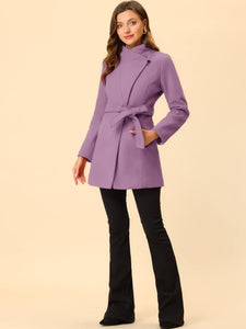 Women's Classic Stand Collar Long Sleeve Winter Belted Long Coat