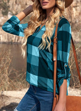 Load image into Gallery viewer, Womens Basic Casual V Neck Plaid Print Cotton Cuffed Long Sleeve Work Tops Blouses Shirts S-3XL