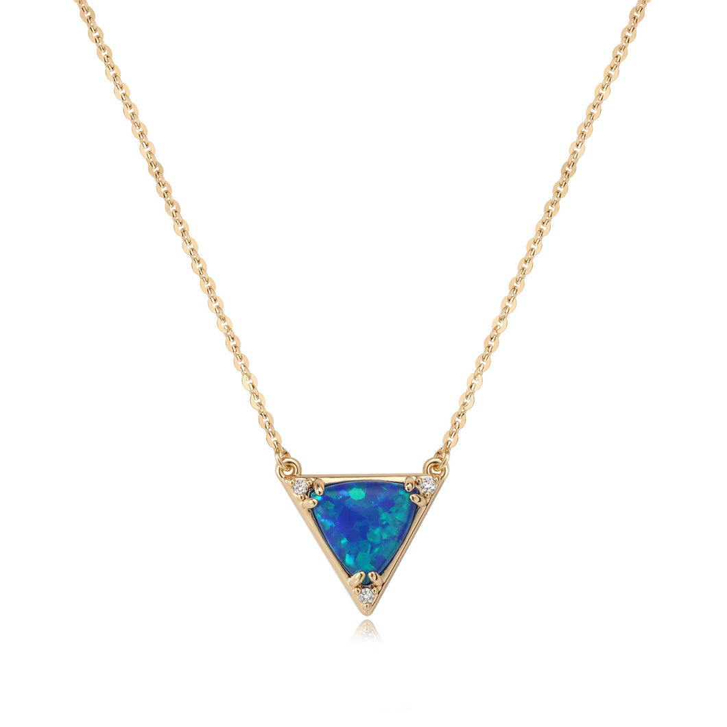 Gold Pendant Necklaces for Women, 14K Gold Plated Synthetics Blue Opal Necklace Created October’s Birthstone Charm Simple Triangle Pendant Necklaces Gold Jewelry for Women Trendy