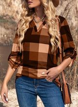 Load image into Gallery viewer, Womens Basic Casual V Neck Plaid Print Cotton Cuffed Long Sleeve Work Tops Blouses Shirts S-3XL