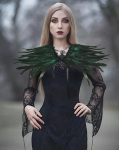 Gothic Black Feather Shawl Victorian Costume Shrug Halloween Cosplay Feather Wrap Lace Neck