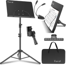 Load image into Gallery viewer, Ramzi Music Stand, Portable Music Stand for Sheet Music 5 in-1 Dual-Use Sheet Music Stand Desktop Book Stand with Book Stand Support, Music Stand Light, Carrying Bag, Sheet Music Clip