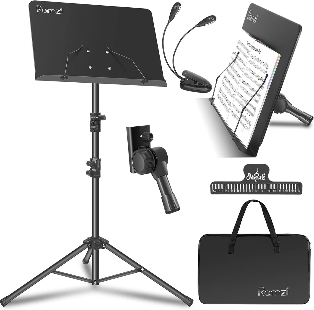 Ramzi Music Stand, Portable Music Stand for Sheet Music 5 in-1 Dual-Use Sheet Music Stand Desktop Book Stand with Book Stand Support, Music Stand Light, Carrying Bag, Sheet Music Clip