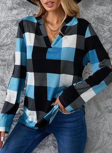 Womens Basic Casual V Neck Plaid Print Cotton Cuffed Long Sleeve Work Tops Blouses Shirts S-3XL