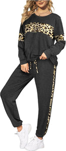 Leopard Sweatsuits Women 2 Piece Sets Crew neck Long Sleeve Tops Pants, Tracksuit with Pockets