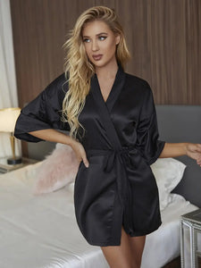 Chic Solid Satin Night Robe for Women - Effortlessly Elegant, Three-Quarter Sleeve V-Neck with Belt - L