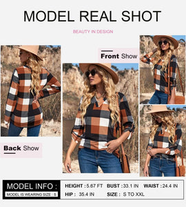 Womens Basic Casual V Neck Plaid Print Cotton Cuffed Long Sleeve Work Tops Blouses Shirts S-3XL