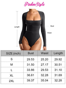 PINKMSTYLE Women's Fashion Sexy Square Neck Double Lined Long Sleeve Bodysuit Basic Body Suits Tops Going Out Outfits Shirts