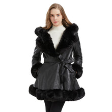 Load image into Gallery viewer, Faux Leather Jacket for Women with Faux Fur Collar Long Sleeve Parka with Pockets Warm Winter Coat with Belt