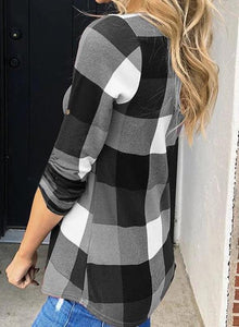 Womens Basic Casual V Neck Plaid Print Cotton Cuffed Long Sleeve Work Tops Blouses Shirts S-3XL