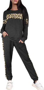 Leopard Sweatsuits Women 2 Piece Sets Crew neck Long Sleeve Tops Pants, Tracksuit with Pockets