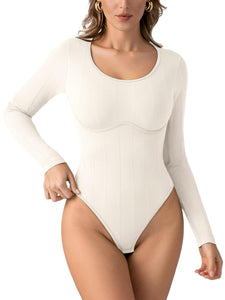 PINKMSTYLE Women's Sexy Scoop Neck Long Sleeve Bodysuits Thongs Ribbed Seamless Slim Fit Trendy Going Out Leotard Tops