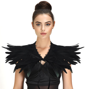 Gothic Black Feather Shawl Victorian Costume Shrug Halloween Cosplay Feather Wrap Lace Neck