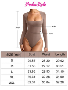 PINKMSTYLE Women's Fashion Sexy Square Neck Double Lined Long Sleeve Bodysuit Basic Body Suits Tops Going Out Outfits Shirts