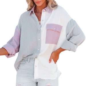 Women's Color Block Long Sleeve Button Down Boyfriend Shirt Blouses