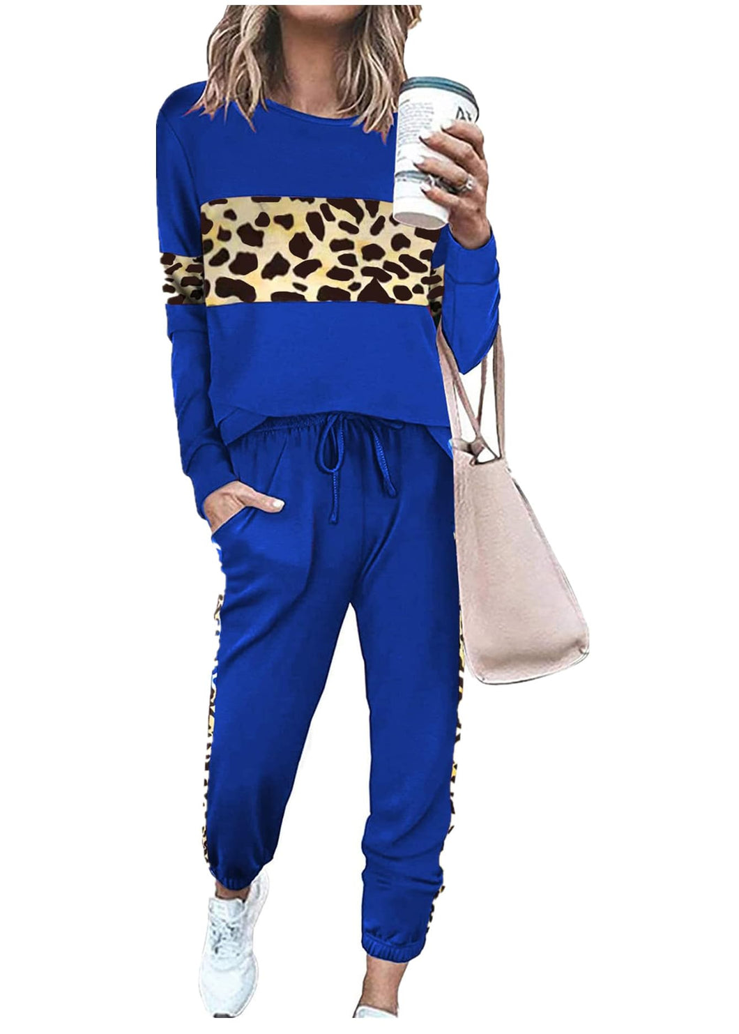 Leopard Sweatsuits Women 2 Piece Sets Crew neck Long Sleeve Tops Pants, Tracksuit with Pockets