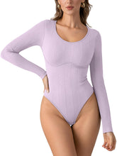 Load image into Gallery viewer, PINKMSTYLE Women&#39;s Sexy Scoop Neck Long Sleeve Bodysuits Thongs Ribbed Seamless Slim Fit Trendy Going Out Leotard Tops