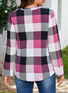 Womens Basic Casual V Neck Plaid Print Cotton Cuffed Long Sleeve Work Tops Blouses Shirts S-3XL