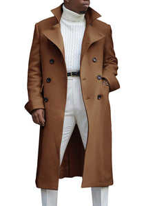 Ebifin Men's Notch Lapel Double Breasted Long Trench Coat Casual Cotton Blend Peacoat