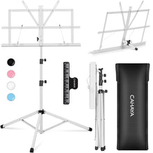 Load image into Gallery viewer, CAHAYA 2 in 1 Dual Use Extra Stable Reinforced Folding Sheet Music Stand &amp; Desktop Book Stand Lightweight Portable Adjustable with Carrying Bag, Metal Music Stand with Music Sheet Clip Holder CY0204