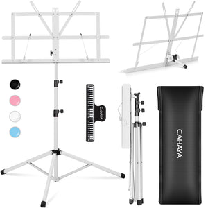 CAHAYA 2 in 1 Dual Use Extra Stable Reinforced Folding Sheet Music Stand & Desktop Book Stand Lightweight Portable Adjustable with Carrying Bag, Metal Music Stand with Music Sheet Clip Holder CY0204