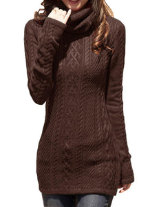 Women Polo Neck Long Slim Fitted Dress Bodycon Turtleneck Cable Knit Sweater