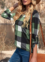 Load image into Gallery viewer, Womens Basic Casual V Neck Plaid Print Cotton Cuffed Long Sleeve Work Tops Blouses Shirts S-3XL