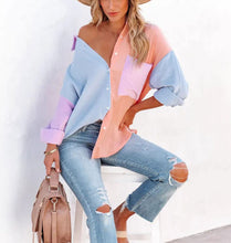 Load image into Gallery viewer, Women&#39;s Color Block Long Sleeve Button Down Boyfriend Shirt Blouses