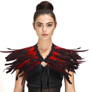 Gothic Black Feather Shawl Victorian Costume Shrug Halloween Cosplay Feather Wrap Lace Neck