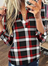 Load image into Gallery viewer, Womens Basic Casual V Neck Plaid Print Cotton Cuffed Long Sleeve Work Tops Blouses Shirts S-3XL