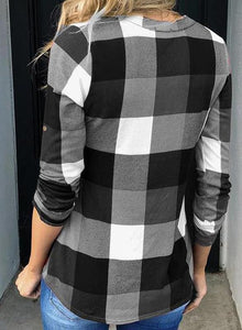 Womens Basic Casual V Neck Plaid Print Cotton Cuffed Long Sleeve Work Tops Blouses Shirts S-3XL