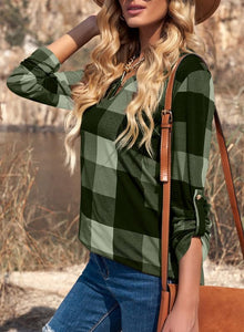 Womens Basic Casual V Neck Plaid Print Cotton Cuffed Long Sleeve Work Tops Blouses Shirts S-3XL