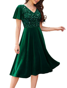 Formal Velvet Dress for Women Sequin Cocktail Dress with Sleeves for Fall and Winter