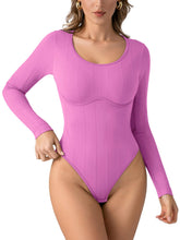 Load image into Gallery viewer, PINKMSTYLE Women&#39;s Sexy Scoop Neck Long Sleeve Bodysuits Thongs Ribbed Seamless Slim Fit Trendy Going Out Leotard Tops