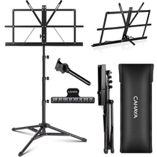 Load image into Gallery viewer, CAHAYA 2 in 1 Dual Use Extra Stable Reinforced Folding Sheet Music Stand &amp; Desktop Book Stand Lightweight Portable Adjustable with Carrying Bag, Metal Music Stand with Music Sheet Clip Holder CY0204